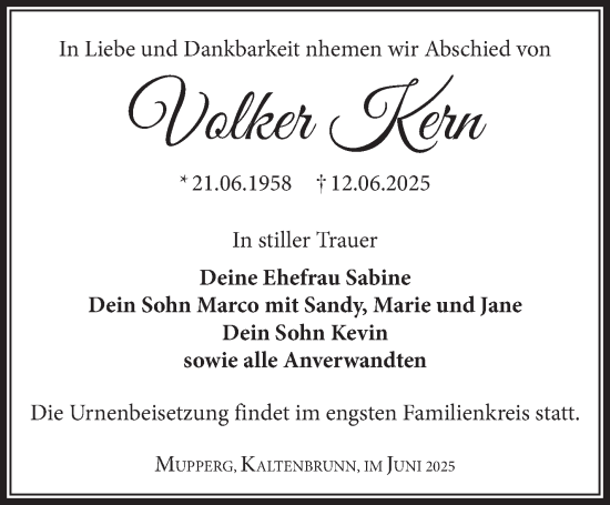 Traueranzeige von Volker Kern von Südthüringer Presse