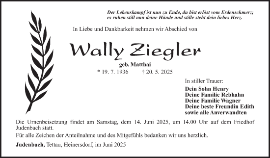 Traueranzeige von Wally Ziegler von Südthüringer Presse