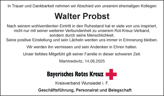 Traueranzeige von Walter Probst von Frankenpost