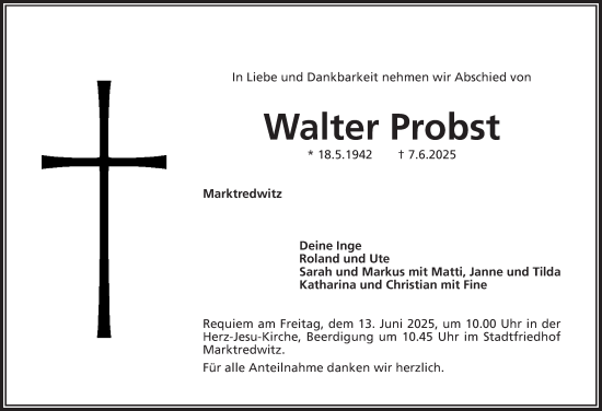 Traueranzeige von Walter Probst von Frankenpost