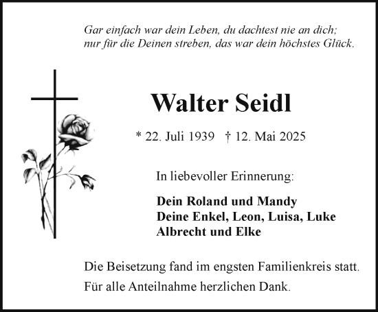 Traueranzeige von Walter Seidl von Frankenpost