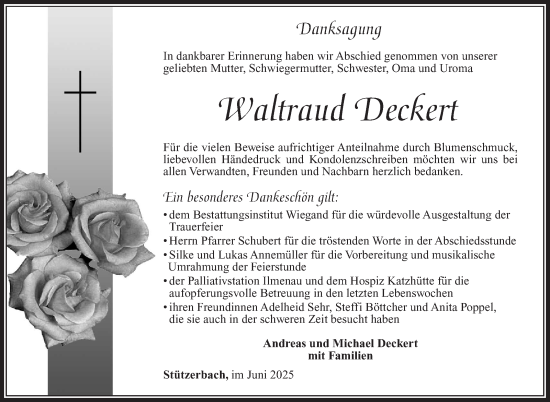 Traueranzeige von Waltraud Deckert von Südthüringer Presse