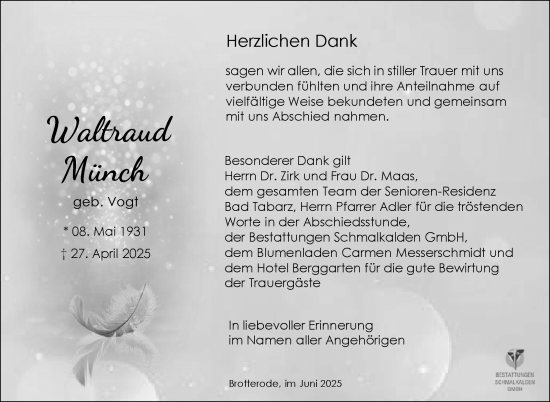 Traueranzeige von Waltraud Münch von Südthüringer Presse