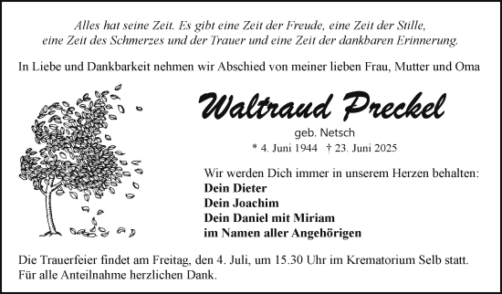 Traueranzeige von Waltraud Preckel von Frankenpost