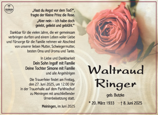 Traueranzeige von Waltraud Ringer von Südthüringer Presse