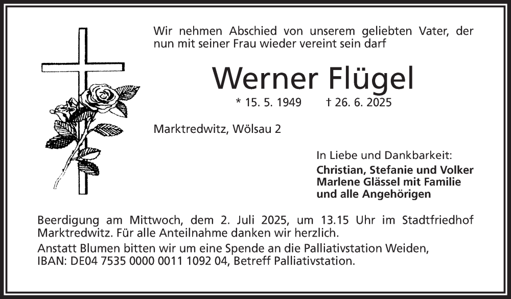  Traueranzeige für Werner Flügel vom 28.06.2025 aus Frankenpost