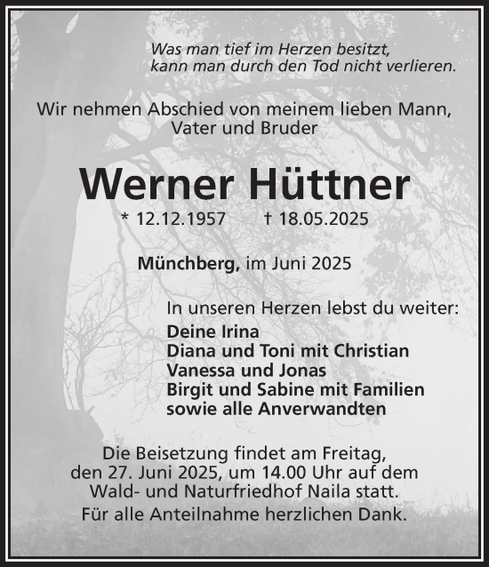 Traueranzeige von Werner Hüttner von Frankenpost