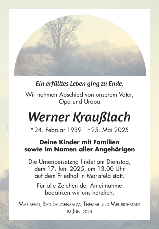 Traueranzeige von Werner Kraußlach von Südthüringer Presse