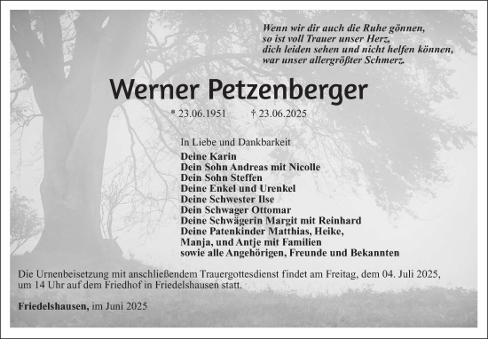 Traueranzeige von Werner Petzenberger von Südthüringer Presse