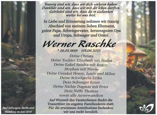 Traueranzeige von Werner Raschke von Südthüringer Presse