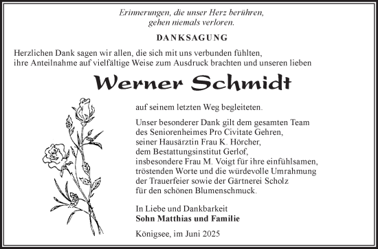 Traueranzeige von Werner Schmidt von Südthüringer Presse