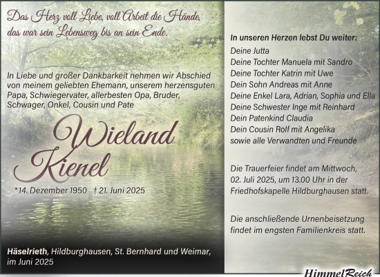 Traueranzeige von Wieland Kienel von Südthüringer Presse