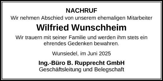 Traueranzeige von Wilfried Wunschheim von Frankenpost