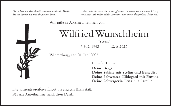 Traueranzeige von Wilfried Wunschheim von Frankenpost