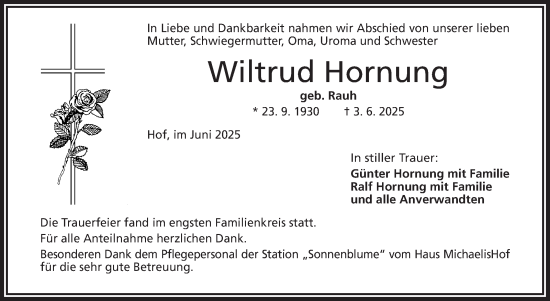 Traueranzeige von Wiltrud Hornung von Frankenpost