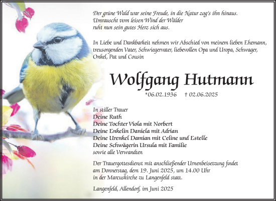 Traueranzeige von Wolfgang Hutmann von Südthüringer Presse