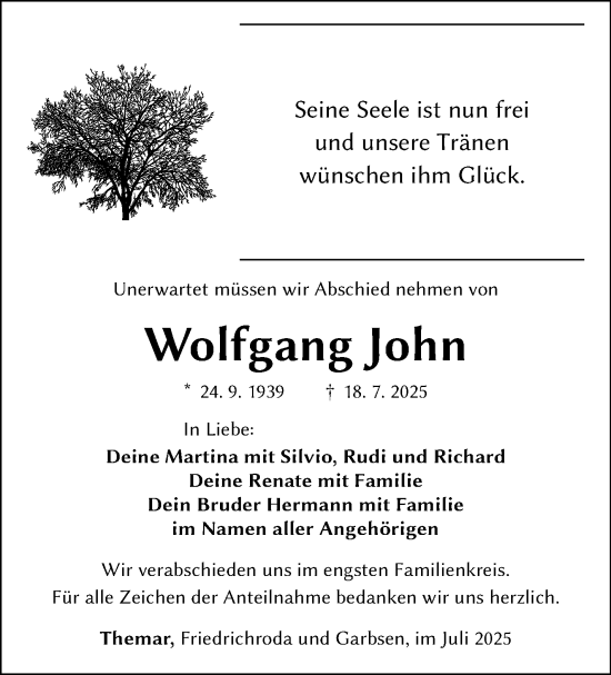Traueranzeige von Wolfgang John von Südthüringer Presse