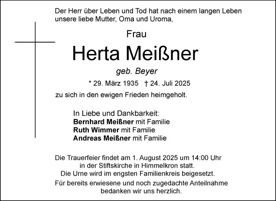 Traueranzeige von Herta Meißner von Frankenpost