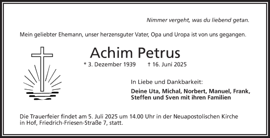 Traueranzeige von Achim Petrus von Frankenpost