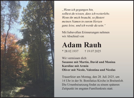 Traueranzeige von Adam Rauh von Neue Presse Coburg
