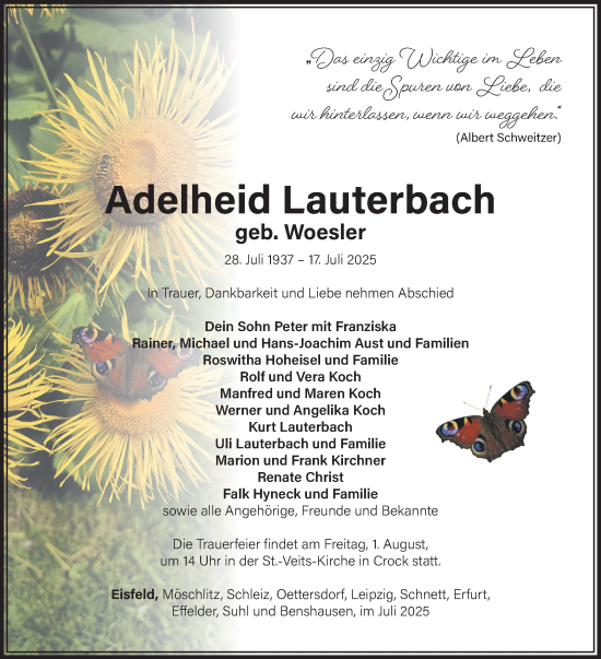 Traueranzeige von Adelheid Lauterbach von Südthüringer Presse