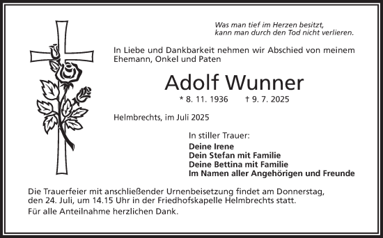 Traueranzeige von Adolf Wunner von Südthüringer Presse