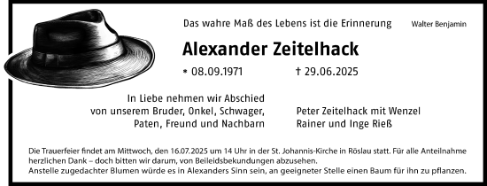 Traueranzeige von Alexander Zeitelhack von Frankenpost