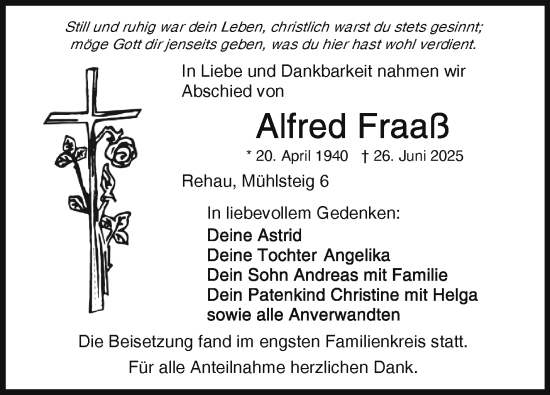 Traueranzeige von Alfred Fraaß von Frankenpost