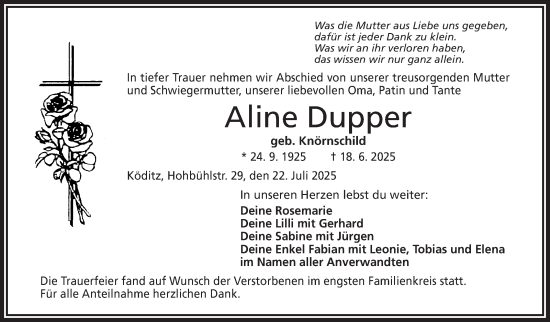 Traueranzeige von Aline Dupper von Frankenpost