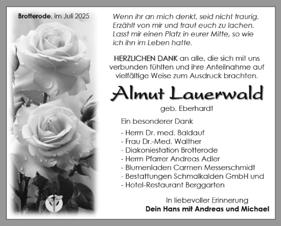 Traueranzeige von Almut Lauerwald von Südthüringer Presse