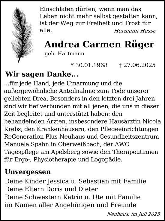 Traueranzeige von Andrea Carmen Rüger von Südthüringer Presse