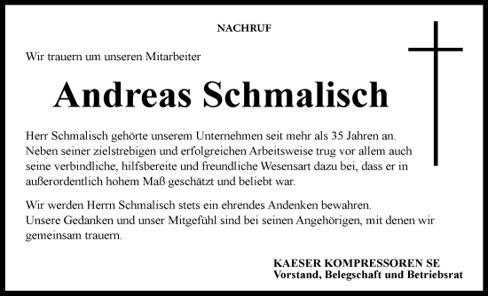 Traueranzeige von Andreas Schmalisch von Südthüringer Presse