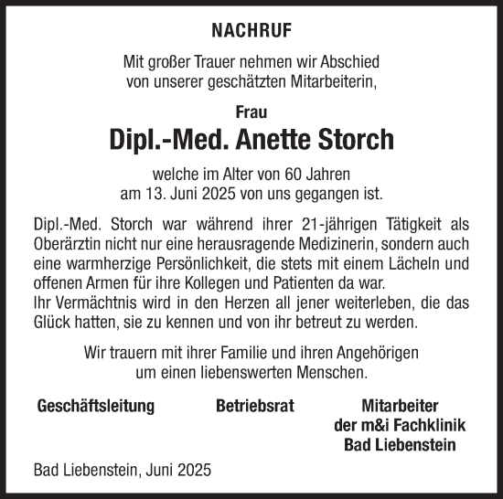 Traueranzeige von Anette Storch von Südthüringer Presse