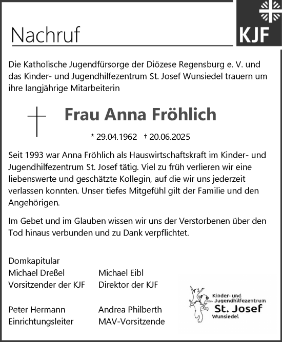 Traueranzeige von Anna Fröhlich von Frankenpost