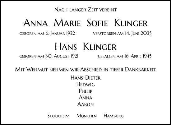 Traueranzeige von Anna Marie Sofie Klinger von Frankenpost