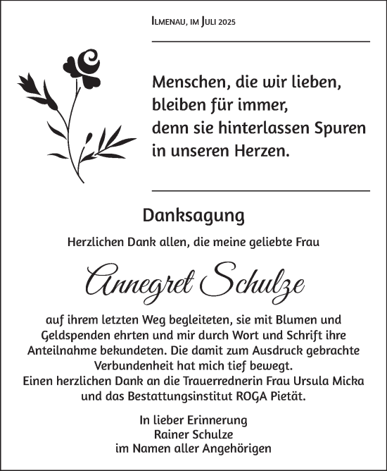 Traueranzeige von Annegret Schulze von Südthüringer Presse