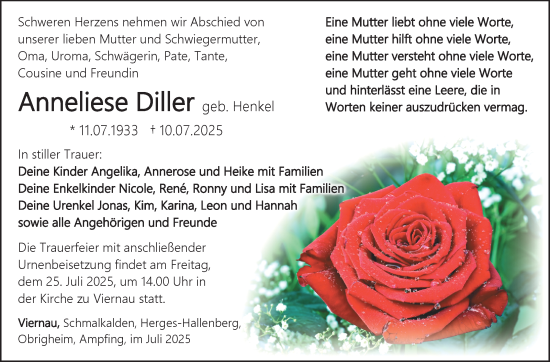 Traueranzeige von Anneliese Diller von Südthüringer Presse