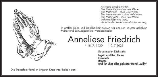 Traueranzeige von Anneliese Friedrich von Frankenpost