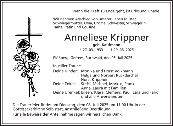 Traueranzeige von Anneliese Krippner von Frankenpost