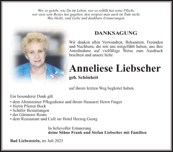 Traueranzeige von Anneliese Liebscher von Südthüringer Presse