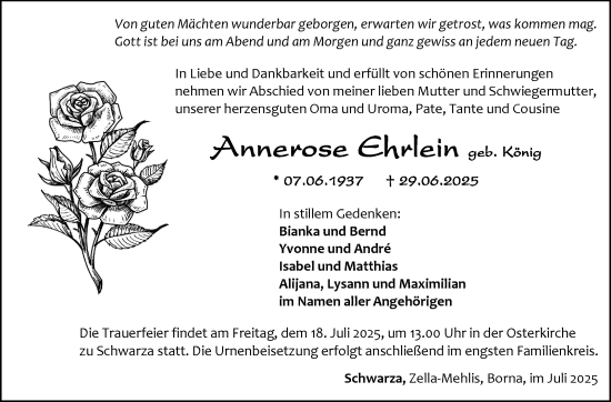 Traueranzeige von Annerose Ehrlein von Südthüringer Presse