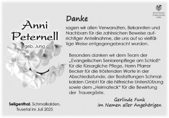 Traueranzeige von Anni Peternell von Südthüringer Presse