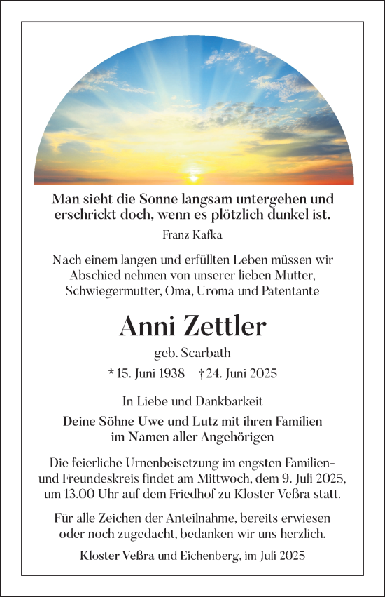 Traueranzeige von Anni Zettler von Südthüringer Presse
