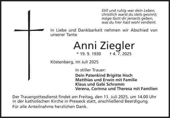 Traueranzeige von Anni Ziegler von Frankenpost