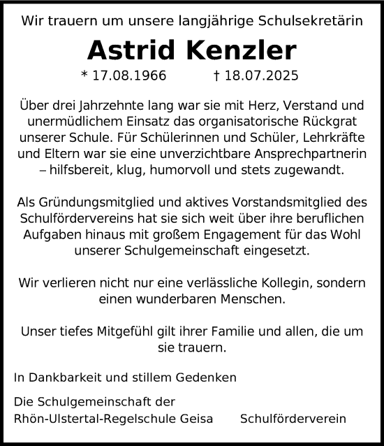 Traueranzeige von Astrid Kenzler von Südthüringer Presse
