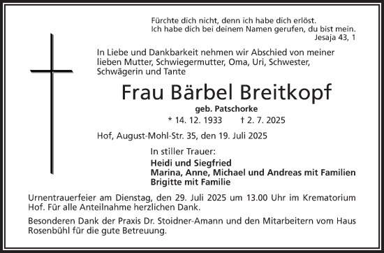 Traueranzeige von Bärbel Breitkopf von Südthüringer Presse