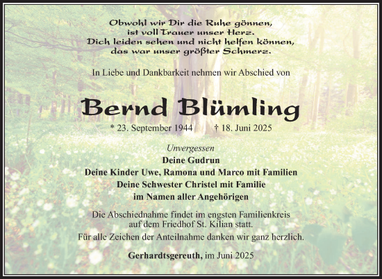 Traueranzeige von Bernd Blümling von Südthüringer Presse