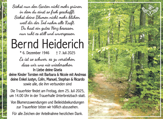 Traueranzeige von Bernd Heiderich von Südthüringer Presse