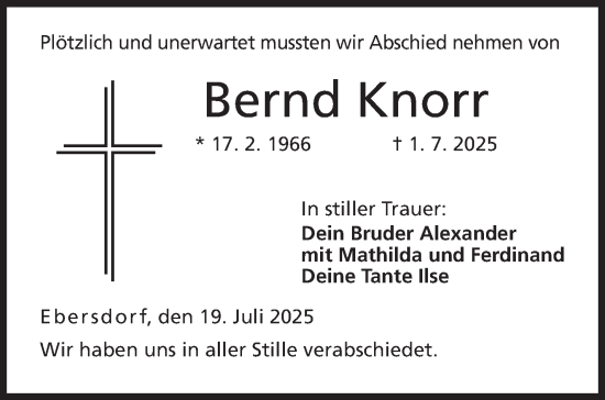 Traueranzeige von Bernd Knorr von Südthüringer Presse