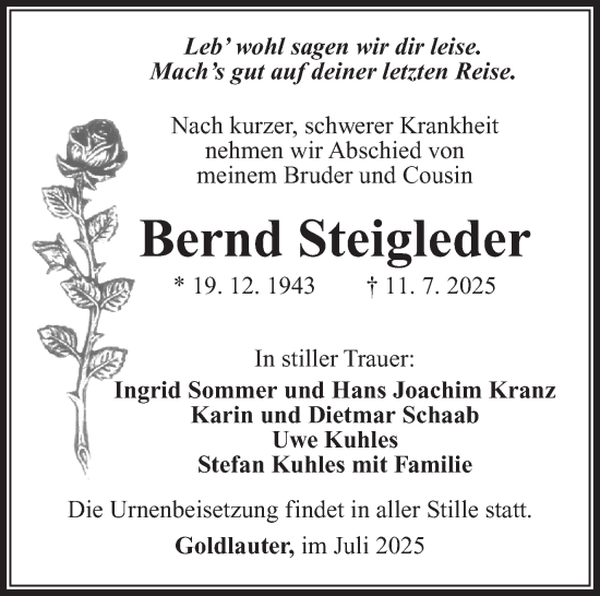Traueranzeige von Bernd Steigleder von Südthüringer Presse